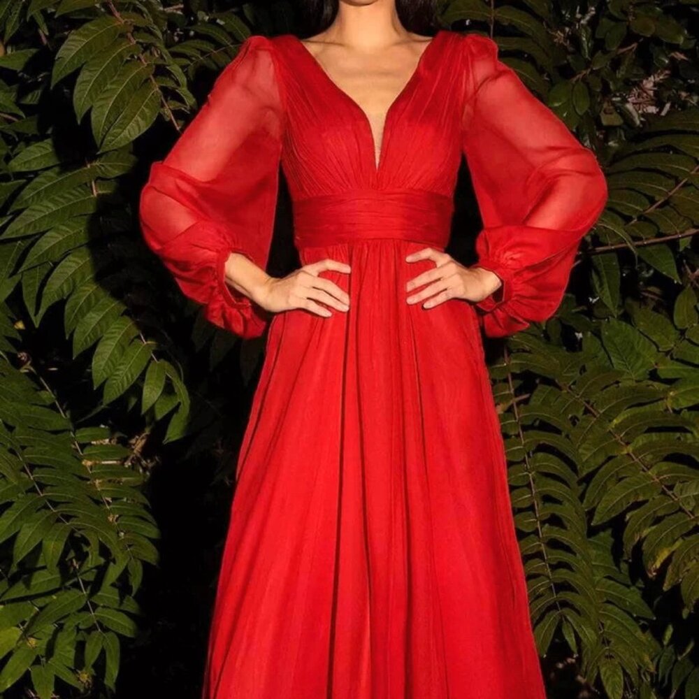Cinderella Divine Red Bishop Sleeve Chiffon Dress